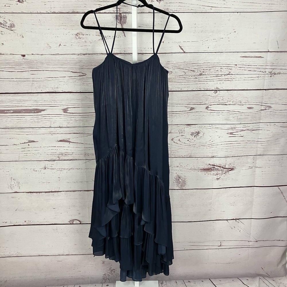 Cinq a Sept Dress Womens Size 6 Navy Blue Tiered Ruffle Strappy Midi NWOT
